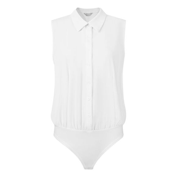 Work Bodysuit Tops Button Down Sleeveless Leotard Shirt White - Picture 1 of 6